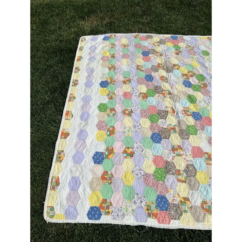 Vintage Hexagon Grandmother's Flower Garden Quilt Hand Made 79